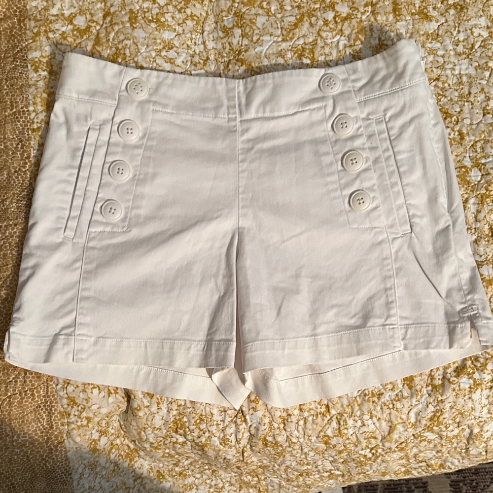LOFT High Waist Cream Shorts with Button Detail